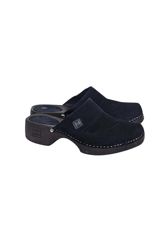 Chanel - Navy Suede Clog Mules Sz