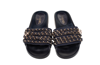 CHANEL TROPICONIC ICONIC GOLD LOGO CHAIN POOL SLIDES