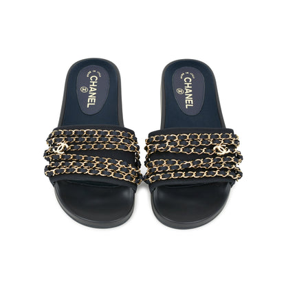 CHANEL TROPICONIC ICONIC GOLD LOGO CHAIN POOL SLIDES