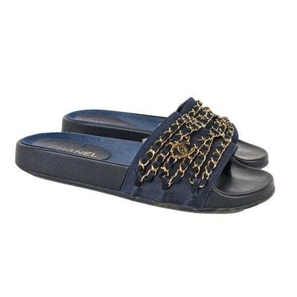 CHANEL TROPICONIC ICONIC GOLD LOGO CHAIN POOL SLIDES