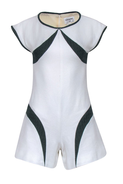 Chanel - Off White Tweed Romper w/ Hunter Green Inset Sz