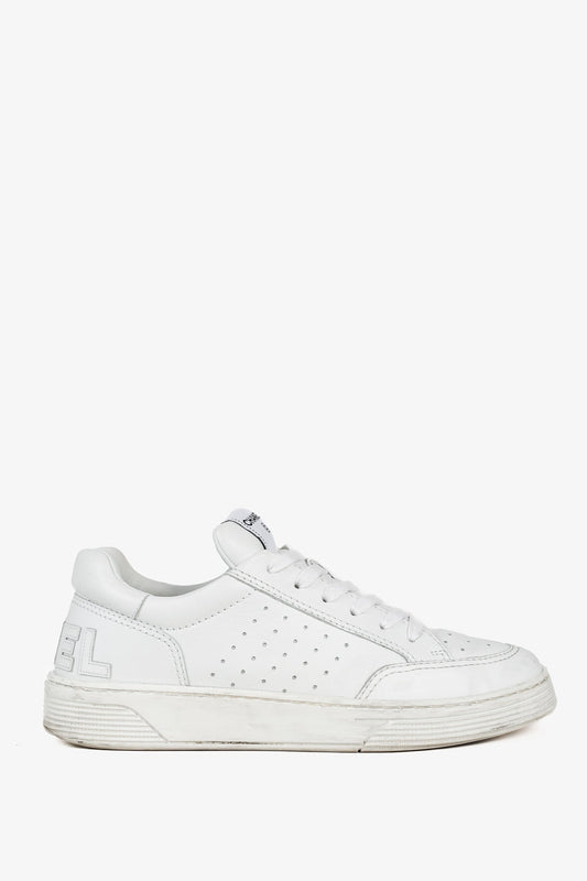 Chanel White Perforated Logo Leather Lace-Up Sneakers