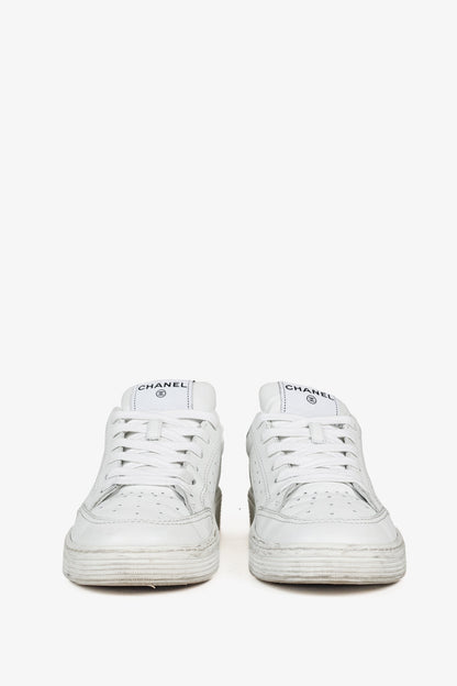 Chanel White Perforated Logo Leather Lace-Up Sneakers