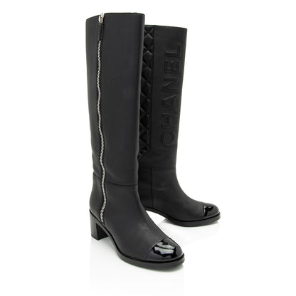 Chanel Quilted Calfskin Patent Leather Cap Toe Logo Boots - Size 7 / 37 (SHF-1bljRC)