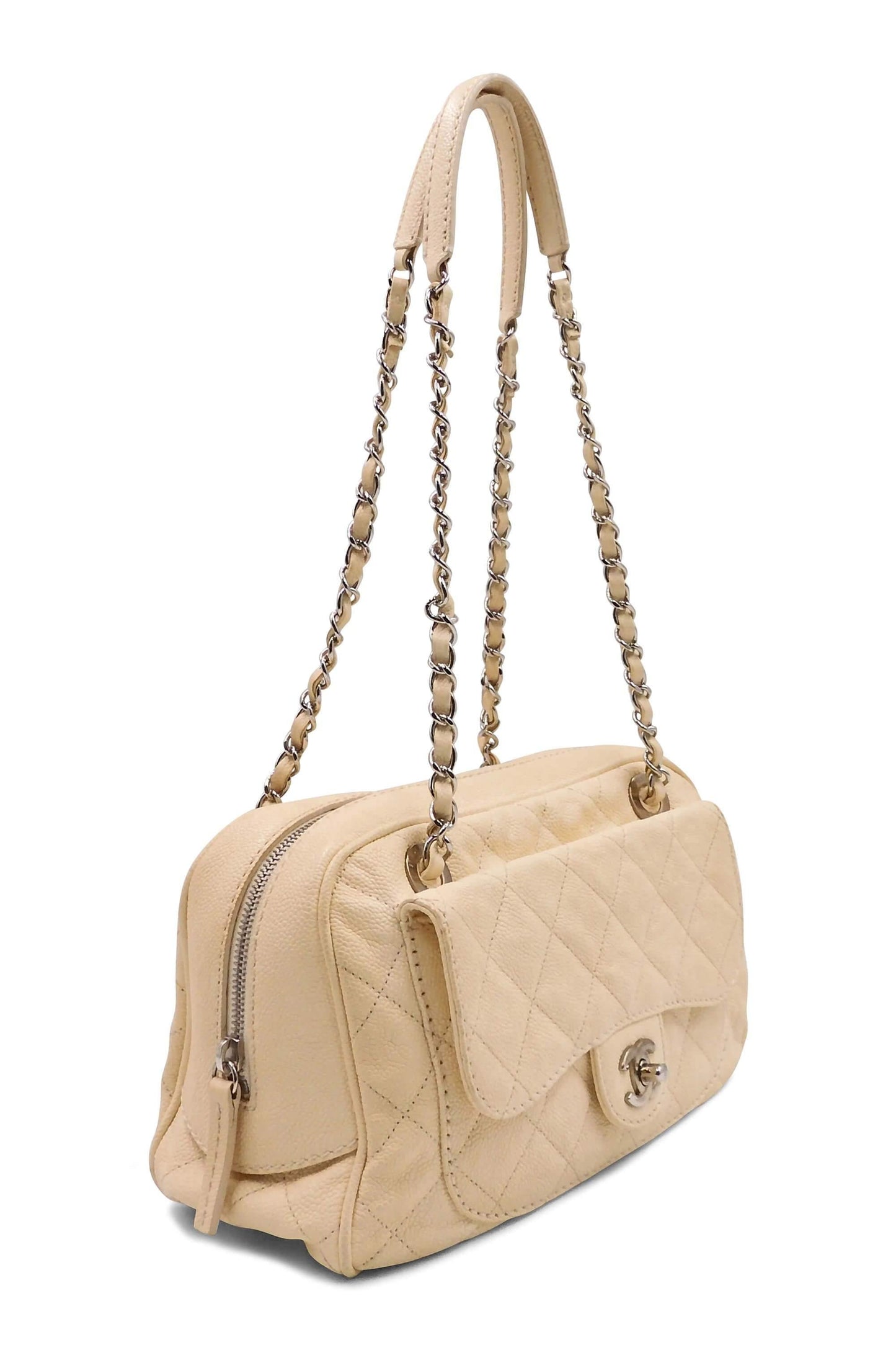Quilted Caviar Front Pocket Camera Bag Beige