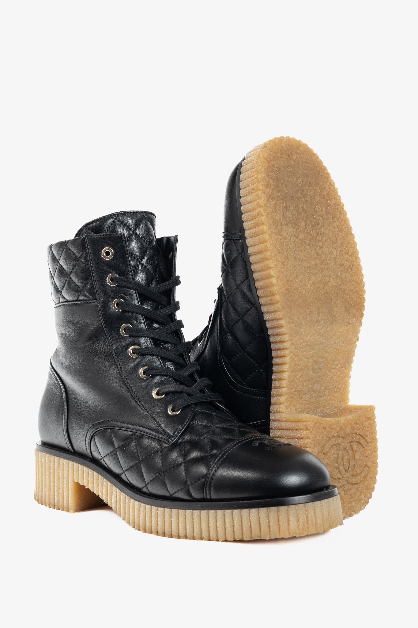 Chanel Black Quilted Leather Interlocking-CC Combat Boots