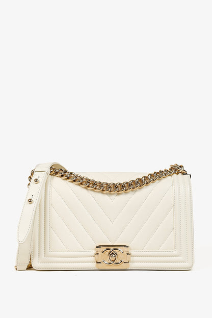 Chanel Medium Boy Creme Chevron Lambskin Flap Shoulder Bag