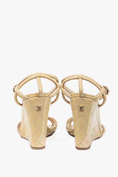 Chanel Beige Patent Leather Quilted-Wedge Sandals