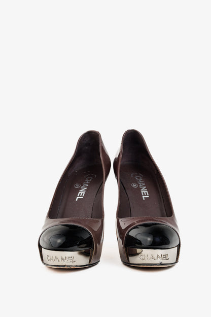 Chanel Brown Patent Leather Mirror Platform Pumps