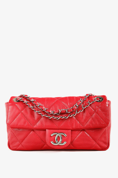 Chanel Red Quilted Glazed Caviar Leather Silver Tone CC Logo Flap Handbag