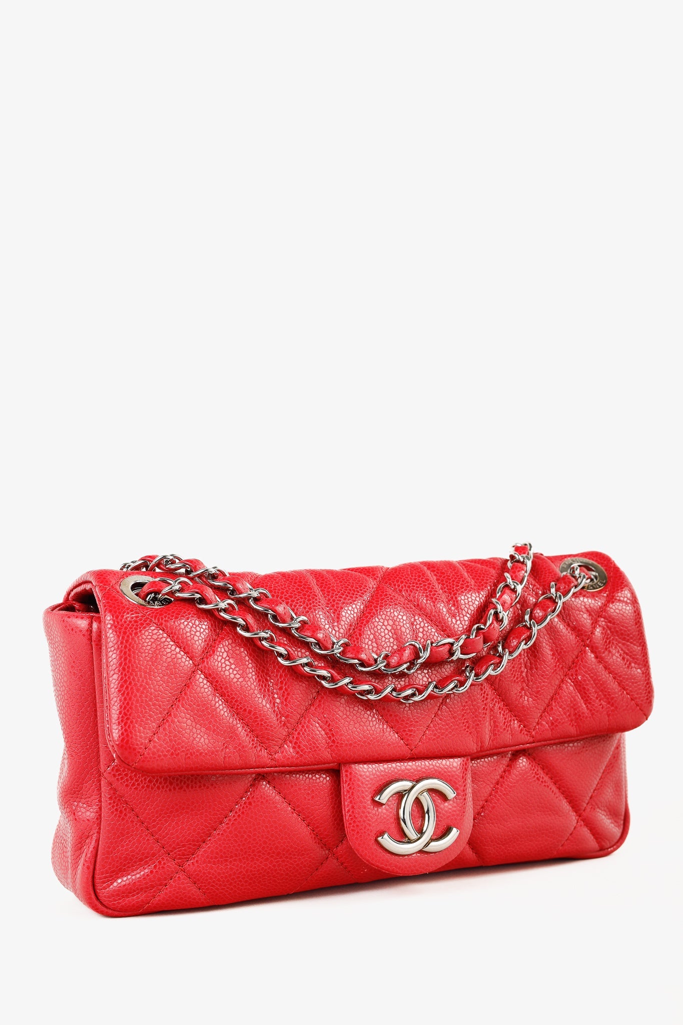 Chanel Red Quilted Glazed Caviar Leather Silver Tone CC Logo Flap Handbag