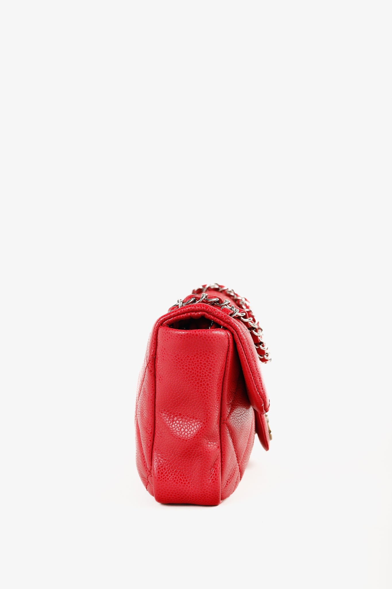 Chanel Red Quilted Glazed Caviar Leather Silver Tone CC Logo Flap Handbag