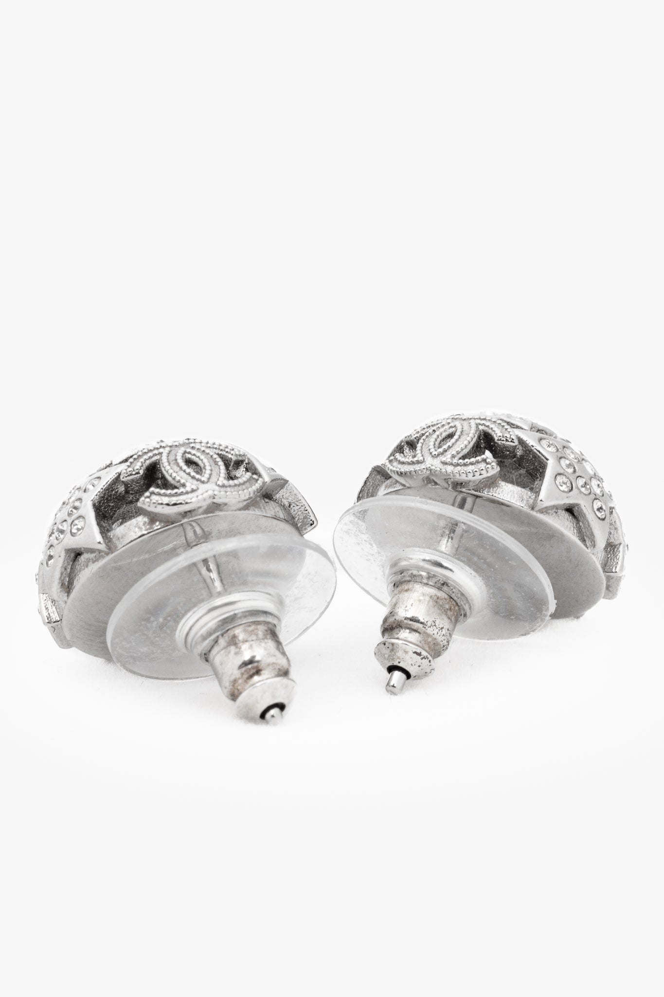 Chanel B25 Silver-Tone Crystal Star Domed Stud Earrings