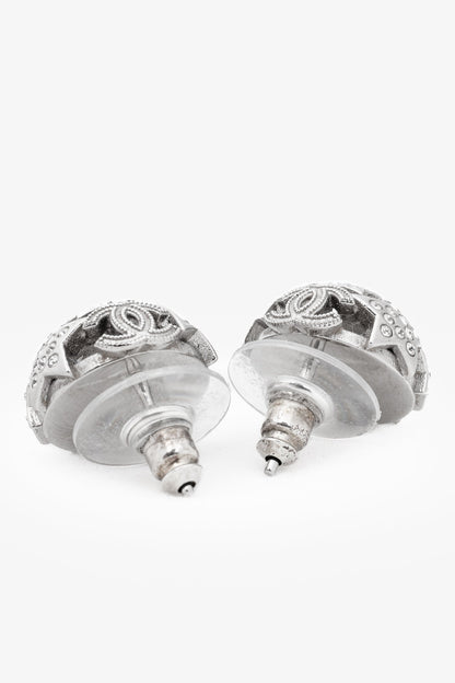 Chanel B25 Silver-Tone Crystal Star Domed Stud Earrings