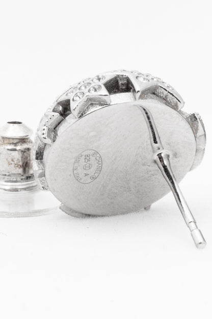 Chanel B25 Silver-Tone Crystal Star Domed Stud Earrings