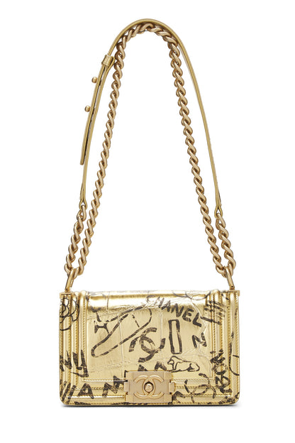 CHANEL SMALL METALLIC CALFSKIN CROC EMBOSSED PRINTED GOLD BOY BAG
