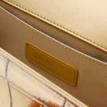 CHANEL SMALL METALLIC CALFSKIN CROC EMBOSSED PRINTED GOLD BOY BAG