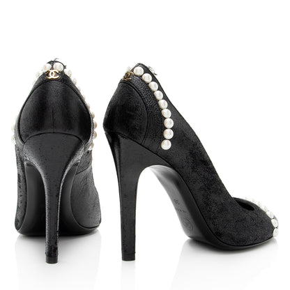 Chanel Suede Pearl CC Pumps - Size 6 / 36