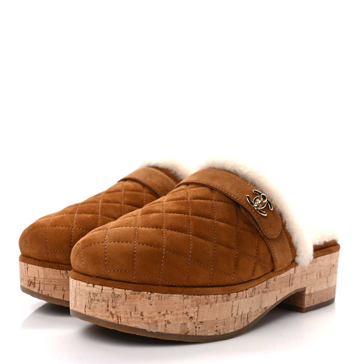 CHANEL SUEDE TURNLOCK CC LOGO SHEARLING MULE CLOGS