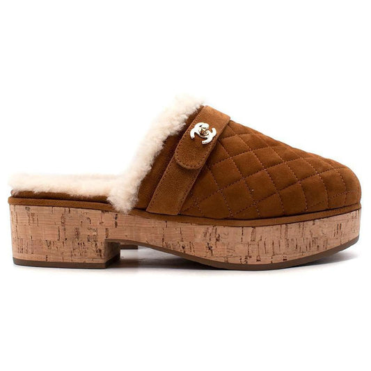 CHANEL SUEDE TURNLOCK CC LOGO SHEARLING MULE CLOGS