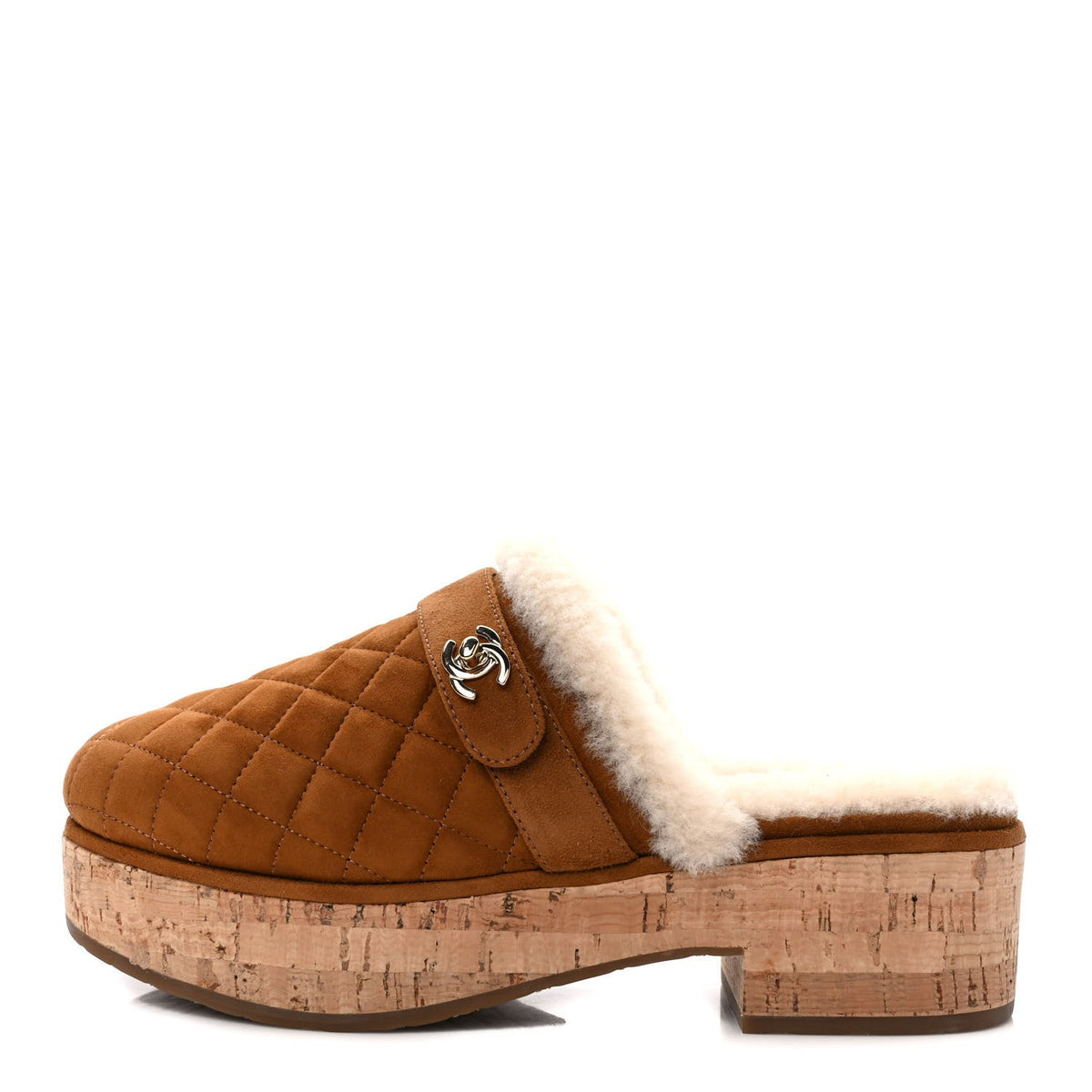 CHANEL SUEDE TURNLOCK CC LOGO SHEARLING MULE CLOGS