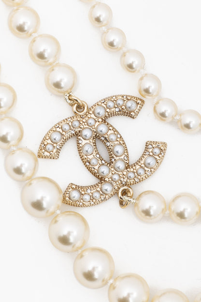 Chanel 100 Anniversary P25 Ivory Pearl & Gold-Tone CC-Logo Long Station Necklace