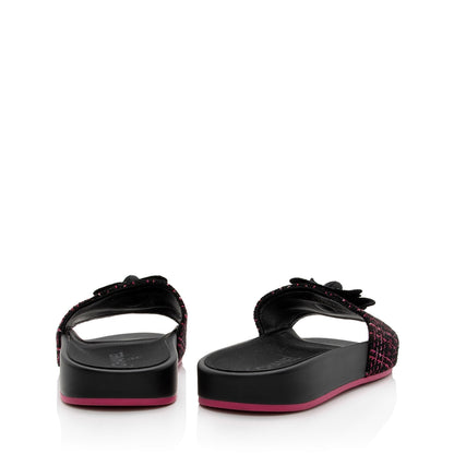 Chanel Tweed And Grosgrain Ribbon Camellia Slide Sandals - Size 8 / 38 (SHF-MS8WJl)