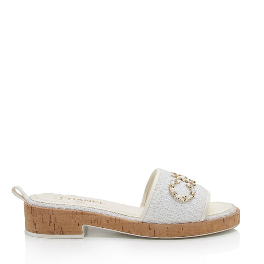 Chanel Tweed Cork CC Chain Slide Sandals - Size 9.5 / 39.5 (SHF-76Whqj)