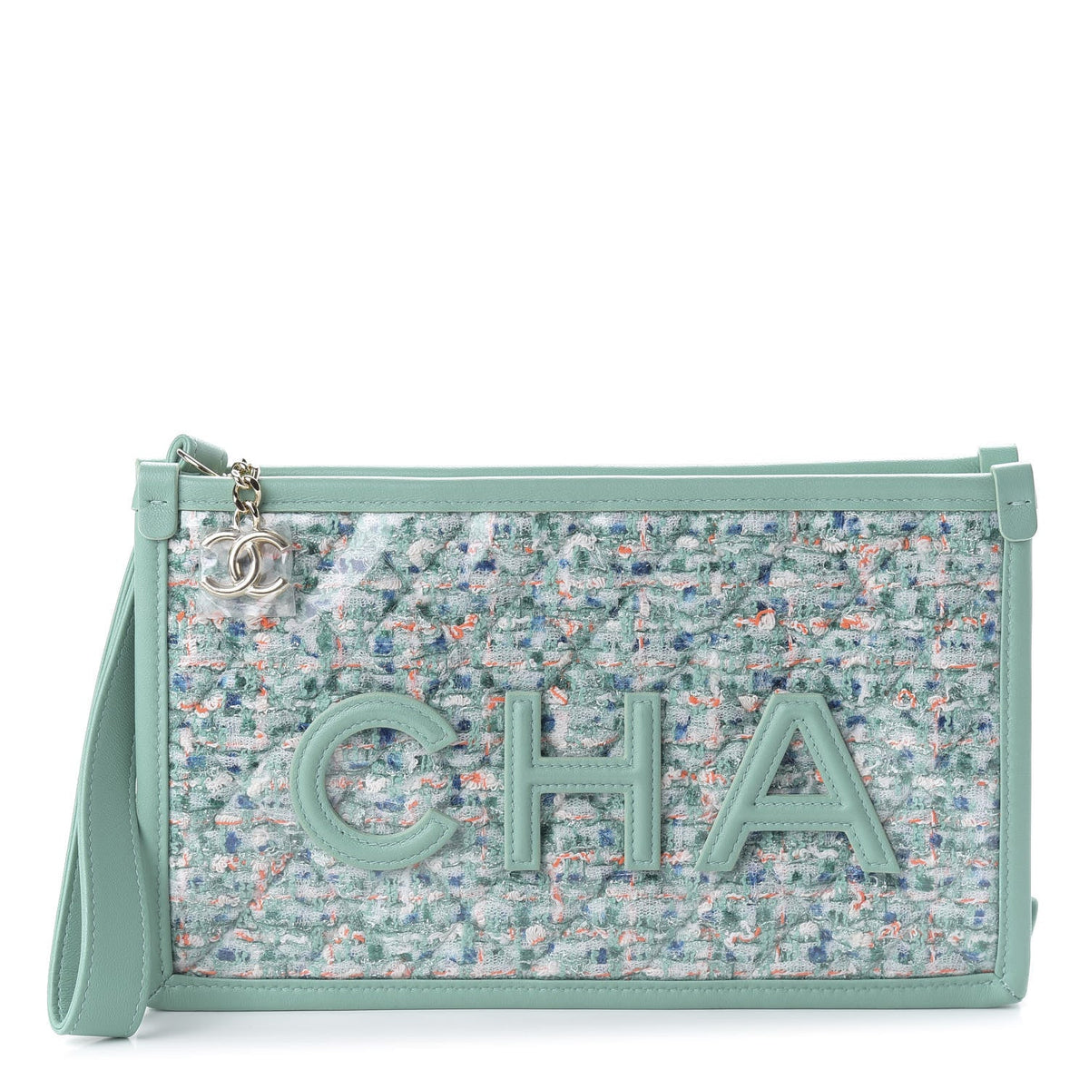 CHANEL TWEED LAMBSKIN  PVC POUCH CLUTCH BAG