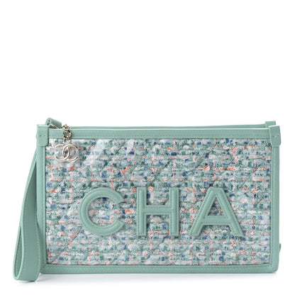 CHANEL TWEED LAMBSKIN  PVC POUCH CLUTCH BAG