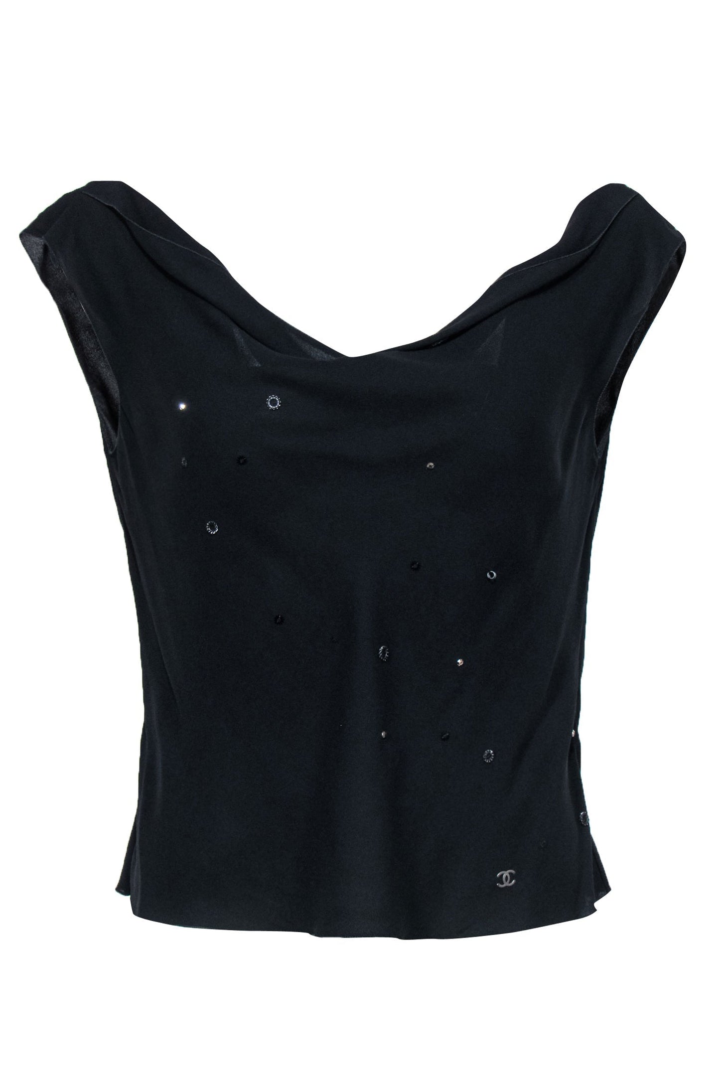 Chanel - Vintage Black Silk Cowl Neck Tank w/ Beaded Design Sz