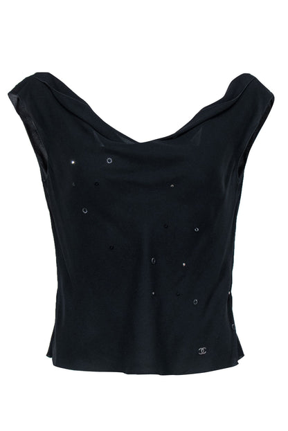 Chanel - Vintage Black Silk Cowl Neck Tank w/ Beaded Design Sz