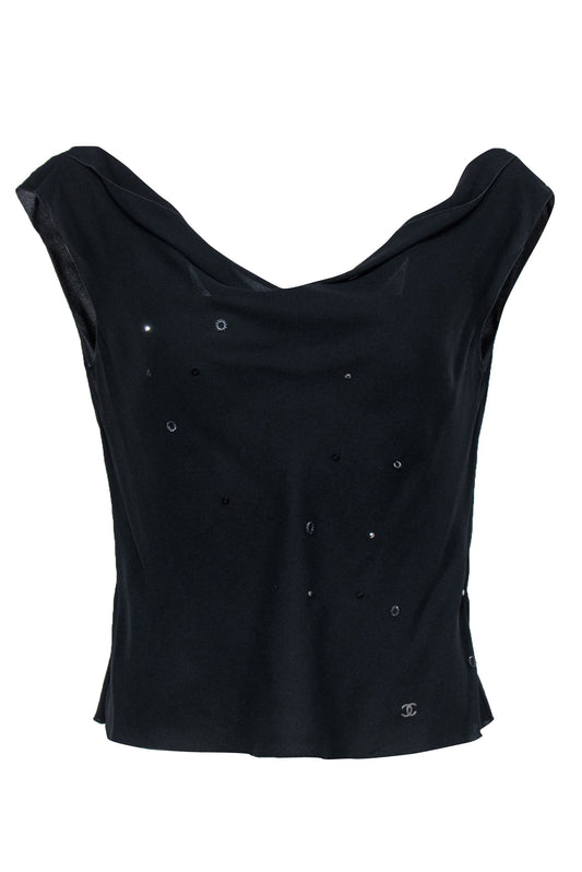 Chanel - Vintage Black Silk Cowl Neck Tank w/ Beaded Design Sz