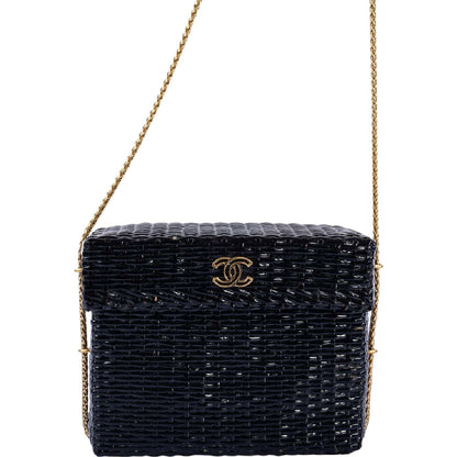 Chanel Vintage Black Wicker CC Picnic Lunch Basket Box Bag Gold Hardware