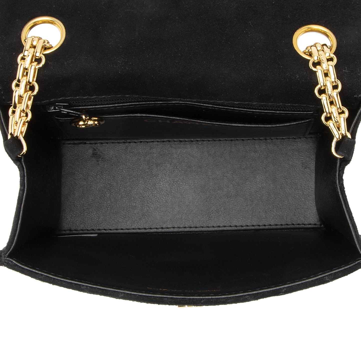 Chanel Vintage Quilted Suede Mademoiselle Bijoux Chain Mini Flap Bag (SHF-23077)
