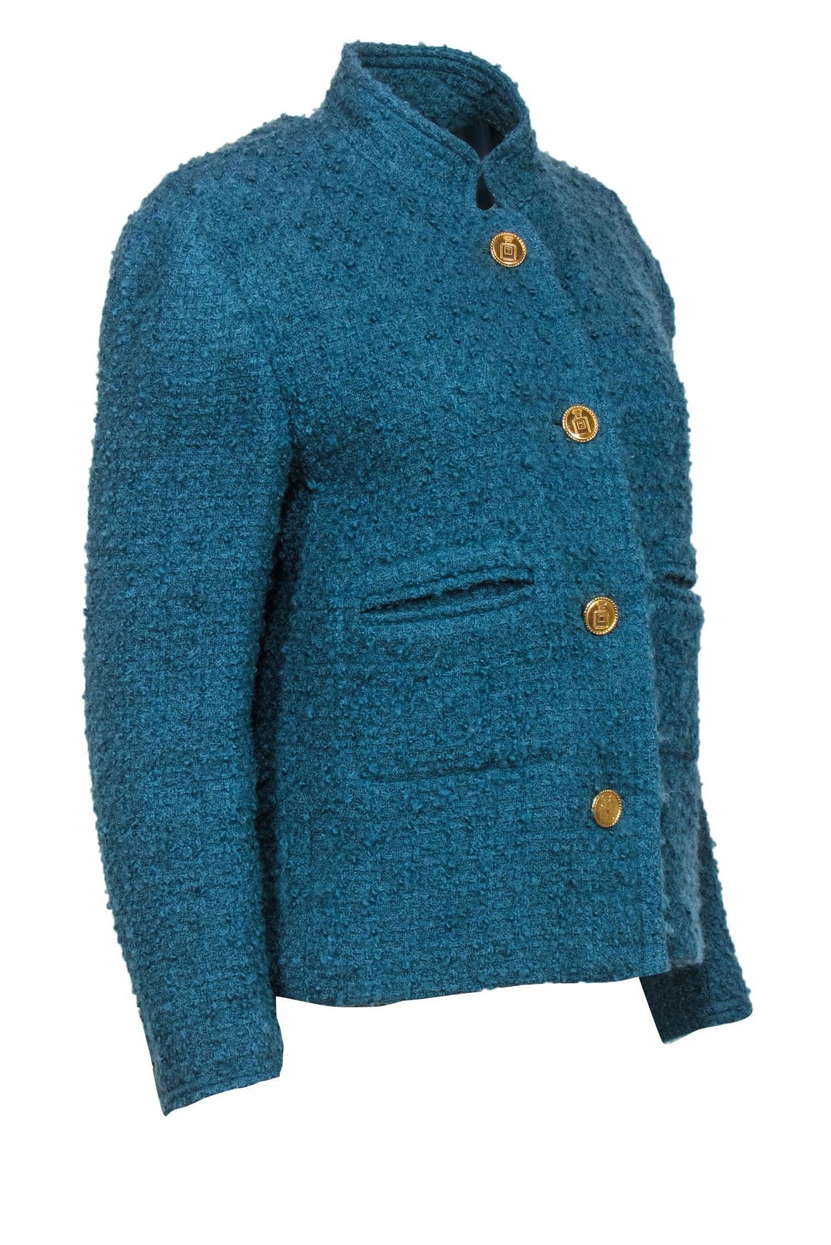 Chanel - Vintage Teal Textured Tweed Jacket w/ Gold Perfume Buttons Sz