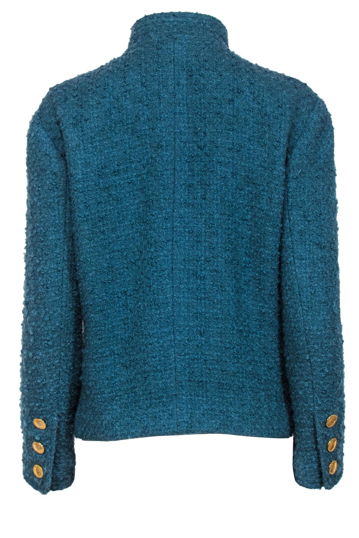 Chanel - Vintage Teal Textured Tweed Jacket w/ Gold Perfume Buttons Sz
