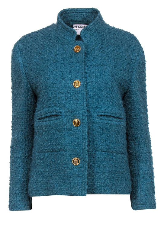 Chanel - Vintage Teal Textured Tweed Jacket w/ Gold Perfume Buttons Sz