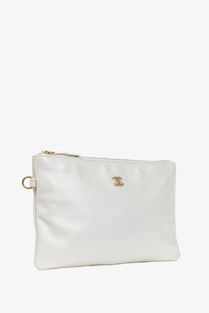 Chanel White Shiny Calfskin Logo Pouch