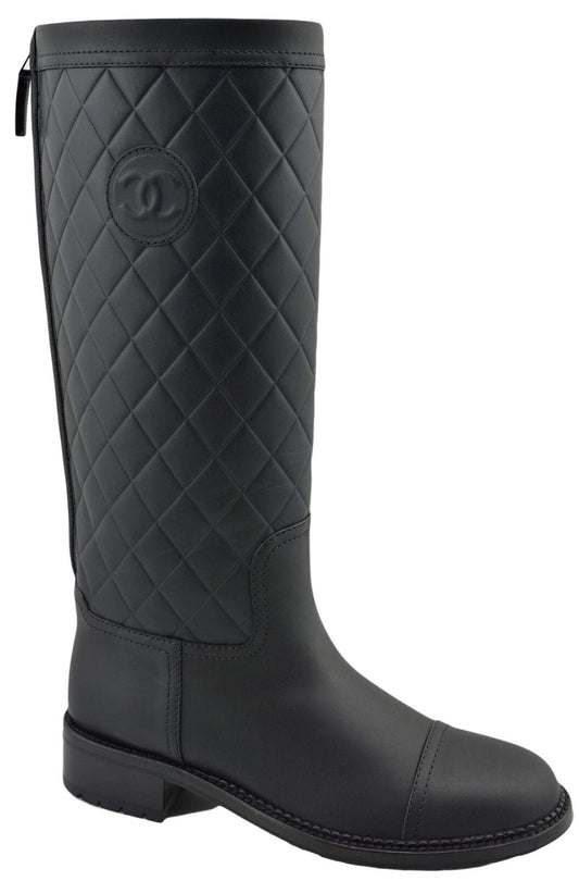 CHANEL CC QUILTED LEATHER KNEE HIGH RIDING BOOTS