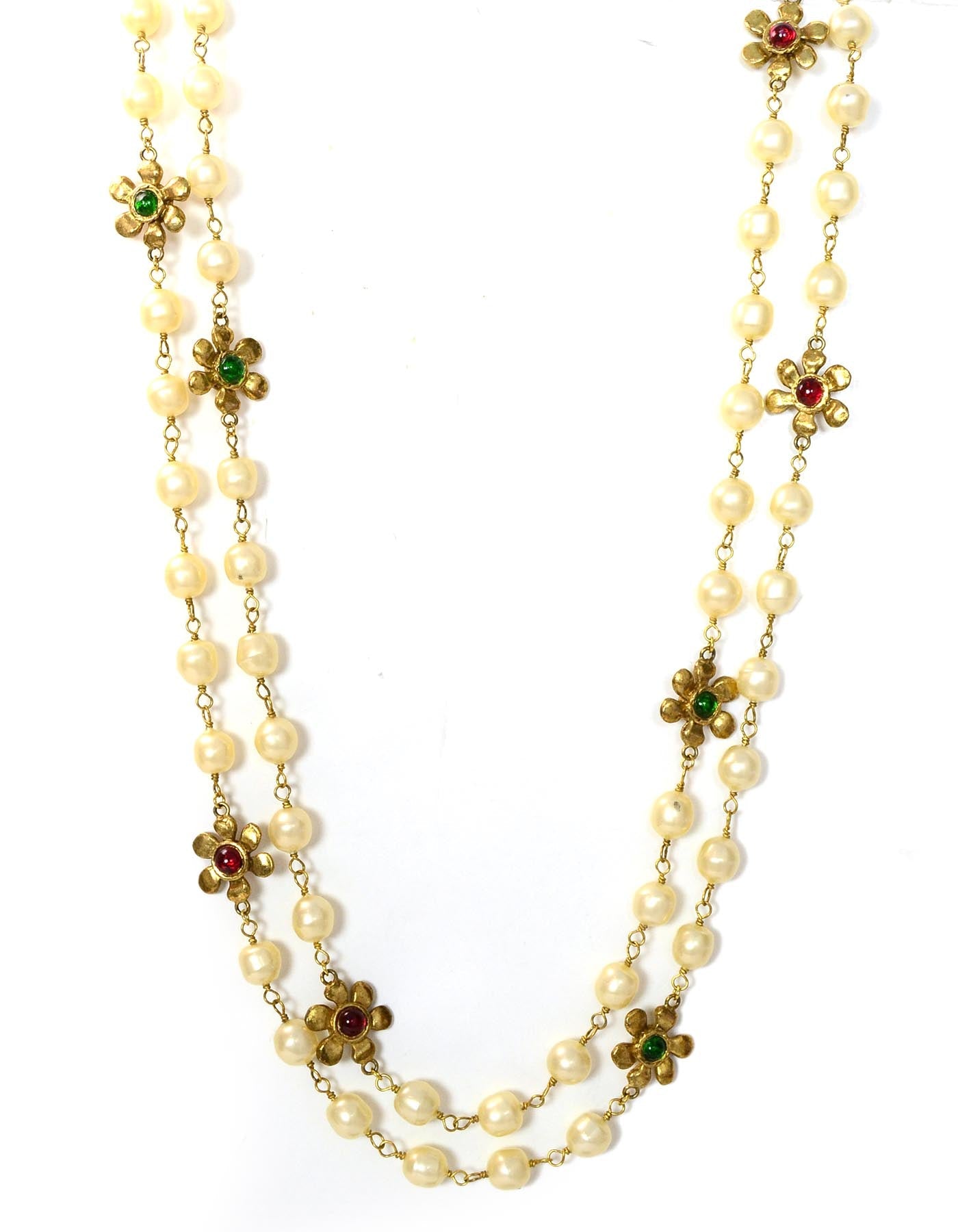 Chanel '80s Vintage X-Long Faux Pearl & Gripoix Flower Necklace