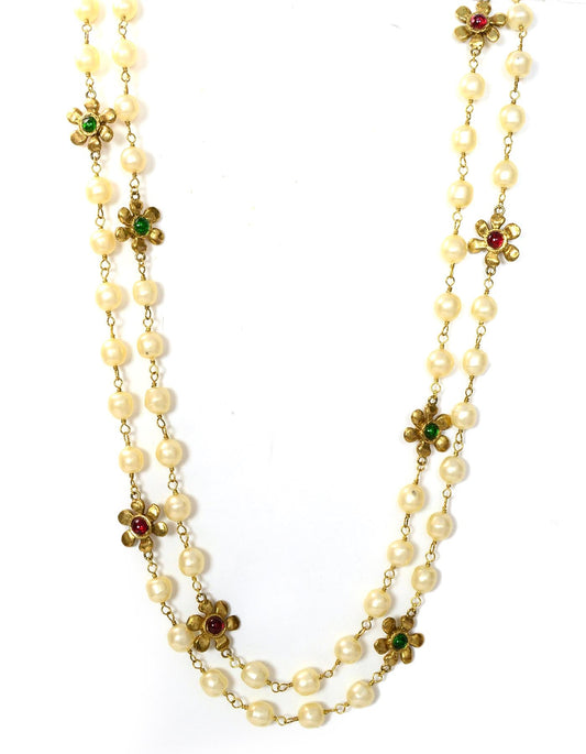 Chanel '80s Vintage X-Long Faux Pearl & Gripoix Flower Necklace