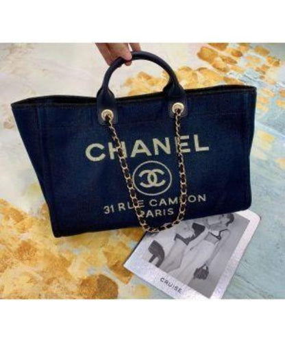 Chanel Deauville Fabric Tote Navy Blue Gold