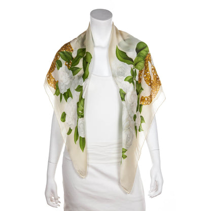 Chanel Beige Camellia Silk Scarf