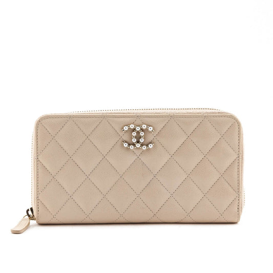Chanel Beige Caviar Quilted CC Large Zip Around Wallet