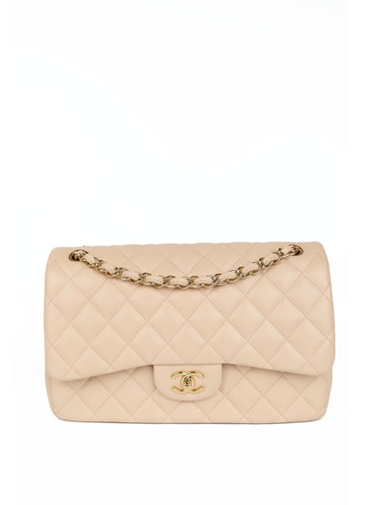 Chanel Beige Lambskin Jumbo Classic Flap GHW