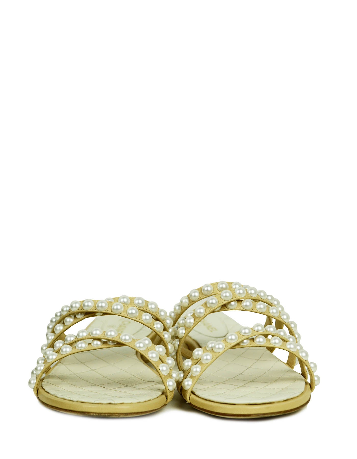 Chanel Beige Leather Faux Pearl Open Toe Flat Sandals sz 38