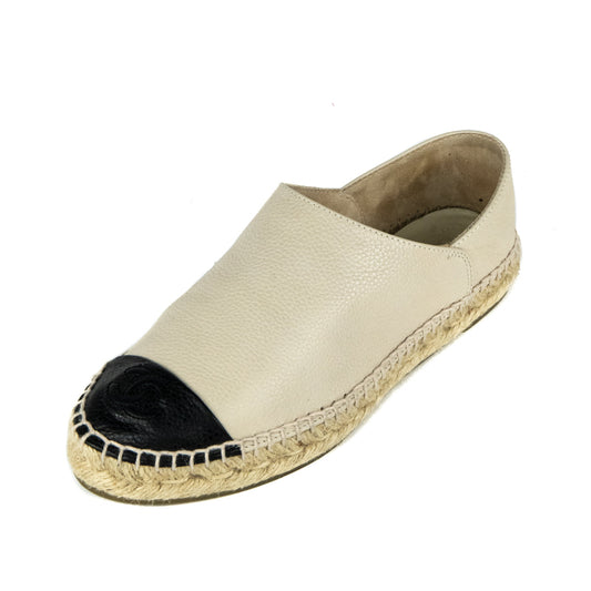 Chanel Beige & Black Leather Cap Toe Espadrilles Size US 6 | EU 36