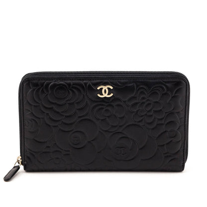 Chanel Black Camellia Embossed Lambskin Long Zip Wallet