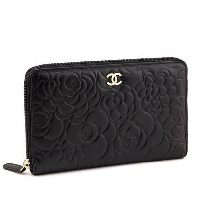 Chanel Black Camellia Embossed Lambskin Long Zip Wallet